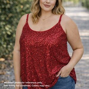 Red Sequin Camisole Tank Top Glam Party Y2K Evening Holiday Coquette 2XL Blumin